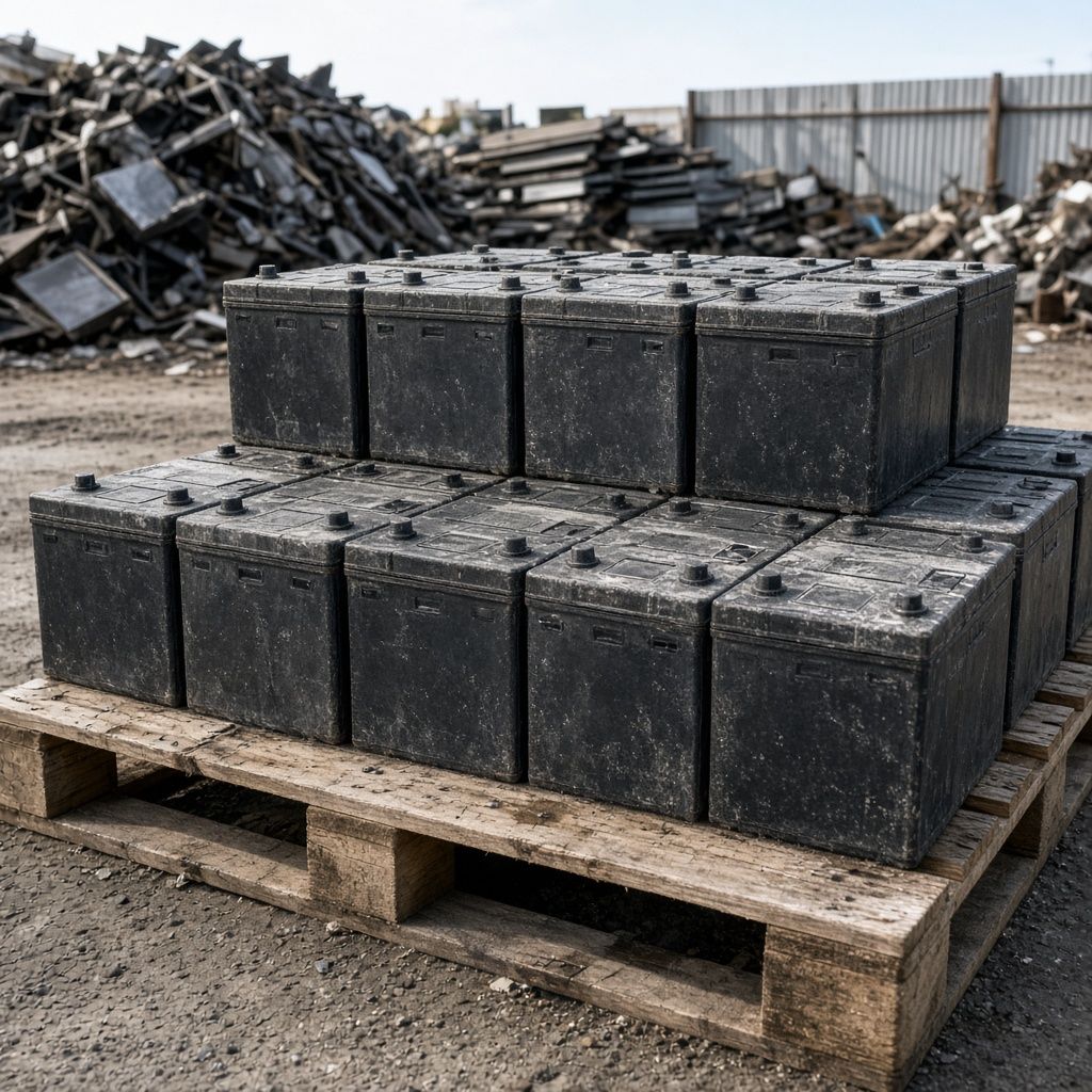 Used car batteries on a pallet for scrap battery recycling