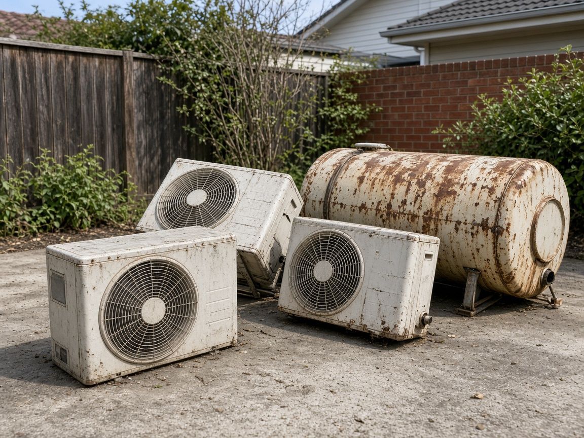 Old air conditioner units and a hot water system ready for equipment removal and recycling