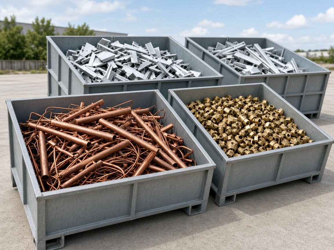 Sorted bins of copper, brass and aluminium scrap metal at our Vermont recycling yard